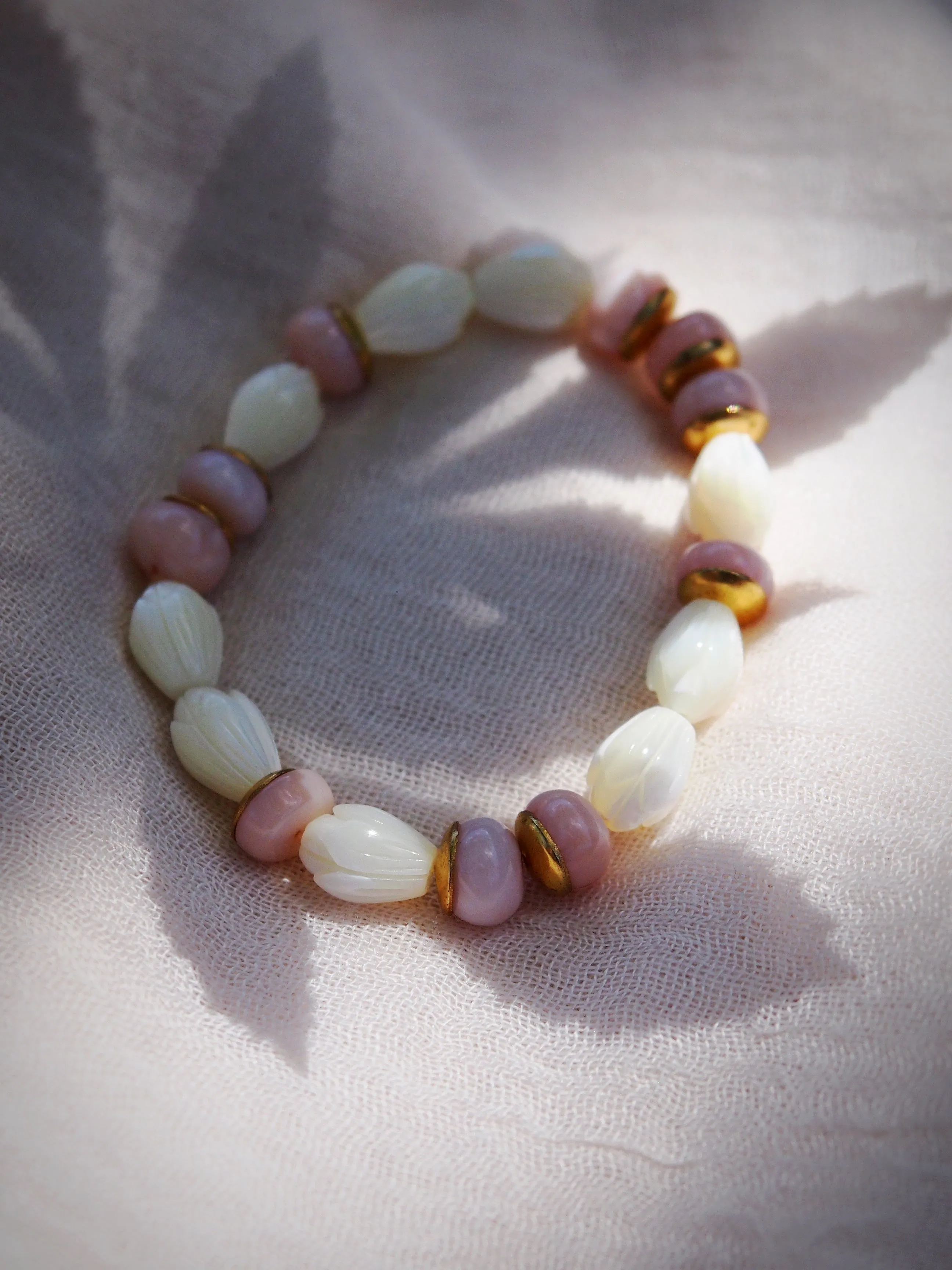 Stretchy Pink Opal and Pikake Bracelet - Aonani