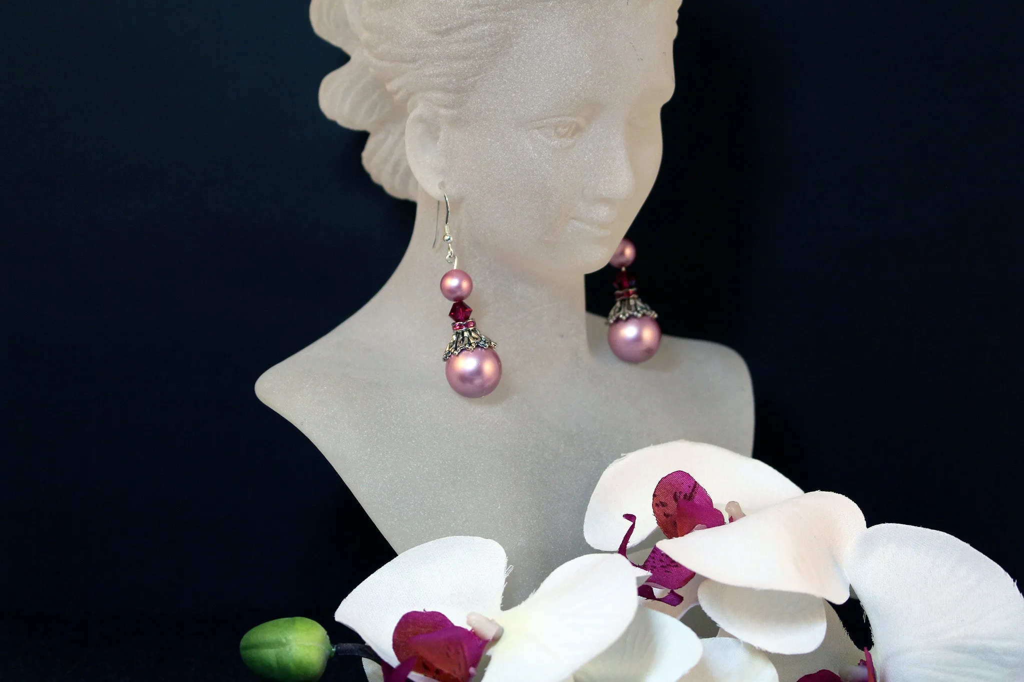 Swarovski Crystals, Powder Rose Pearl and Ruby Drop Earrings