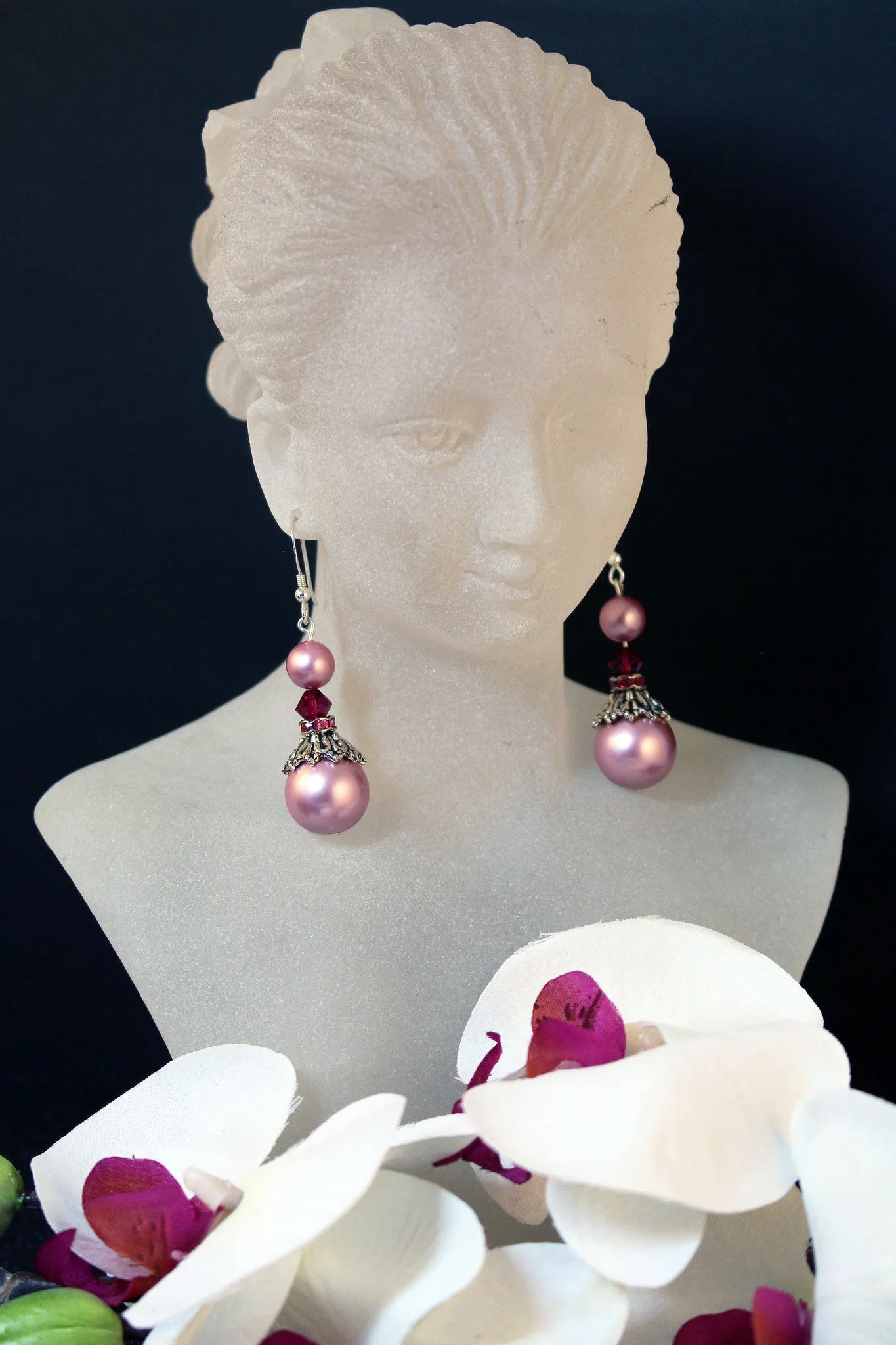 Swarovski Crystals, Powder Rose Pearl and Ruby Drop Earrings