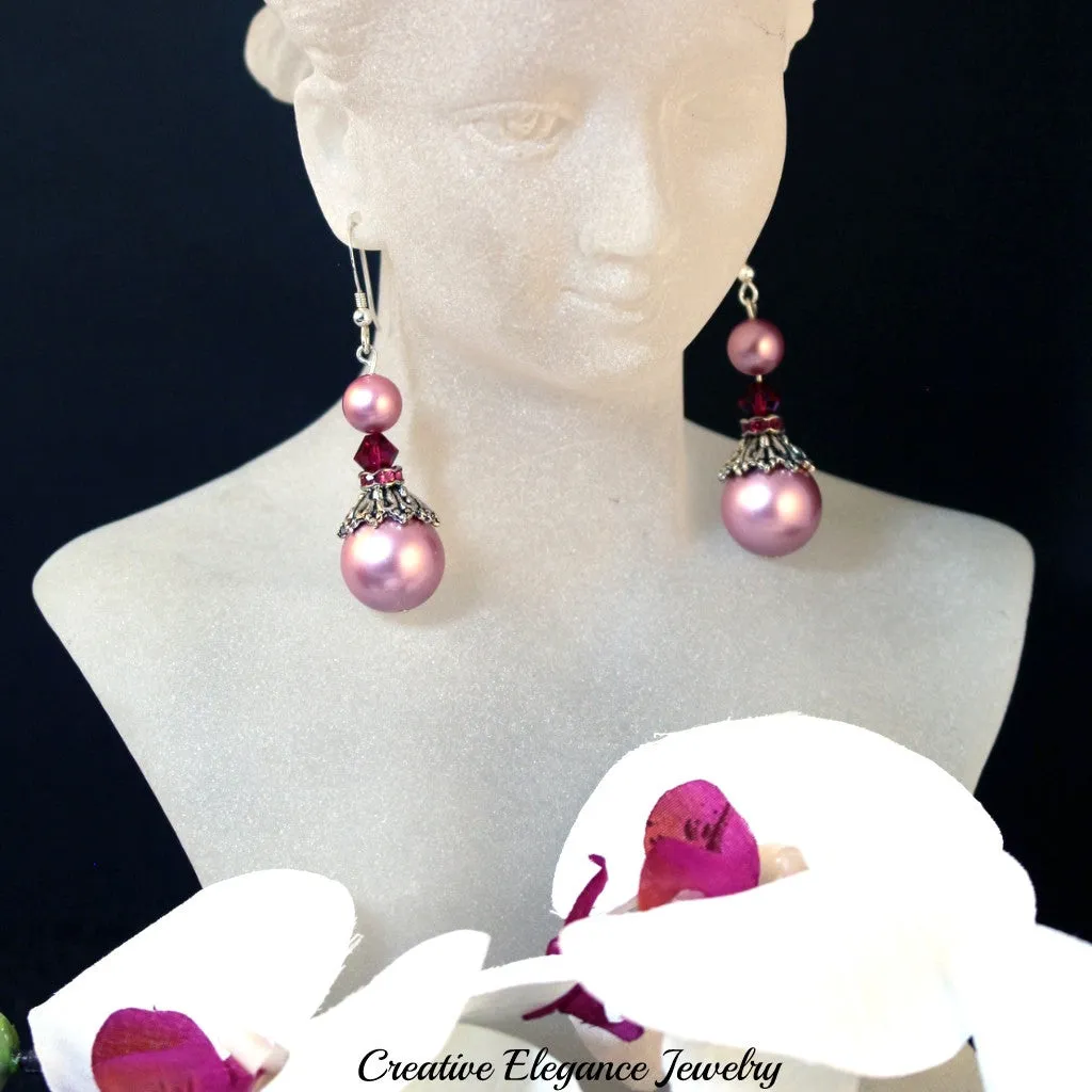 Swarovski Crystals, Powder Rose Pearl and Ruby Drop Earrings