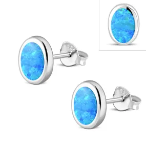 Synthetic Blue Opal Oval Sterling Silver Stud Earrings