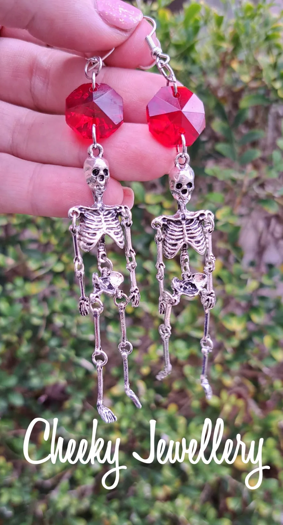 The coolest skeleton earrings antique silver and Ruby red AB crystal, Stainless steel earring hooks