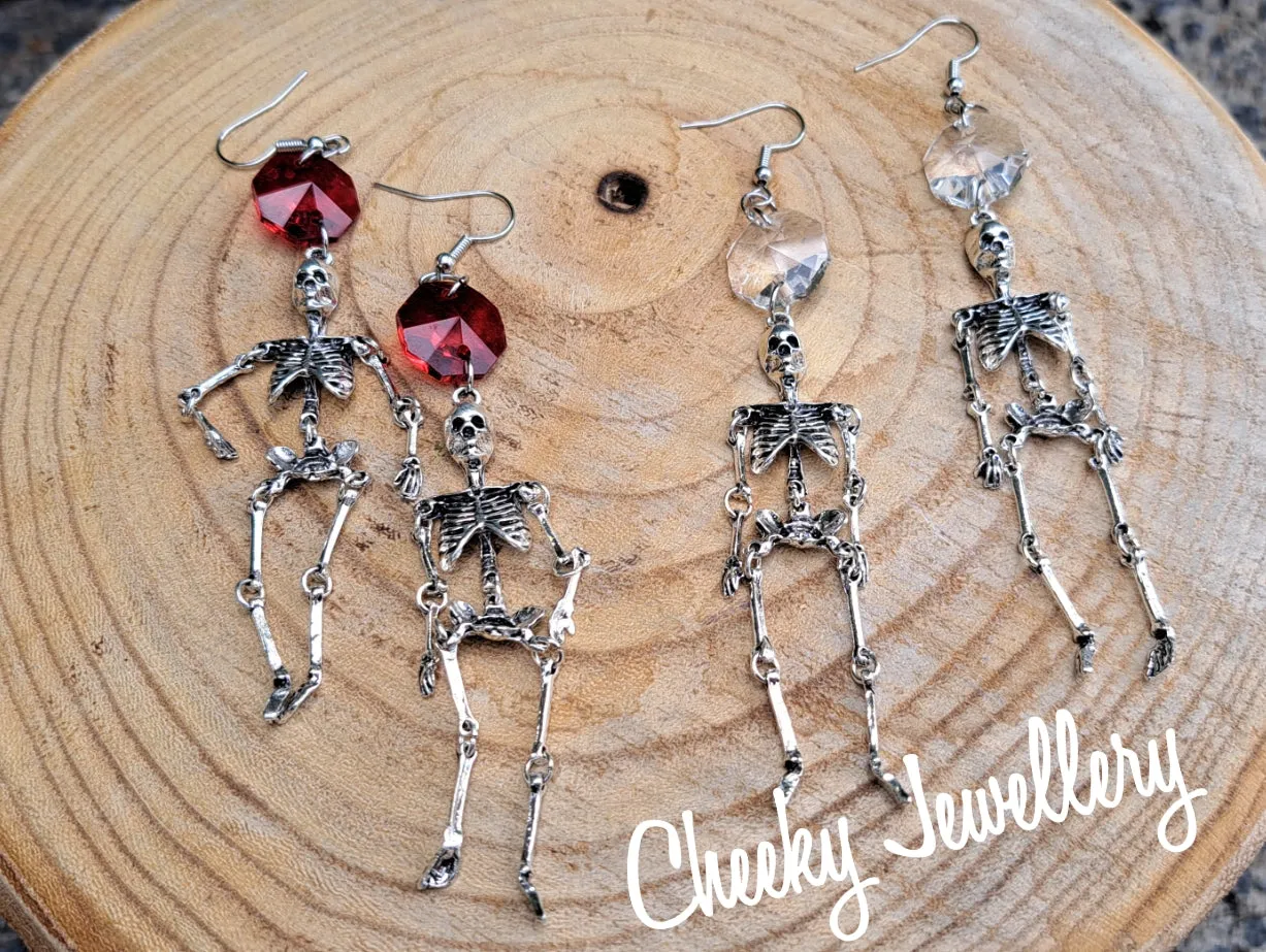 The coolest skeleton earrings antique silver and Ruby red AB crystal, Stainless steel earring hooks