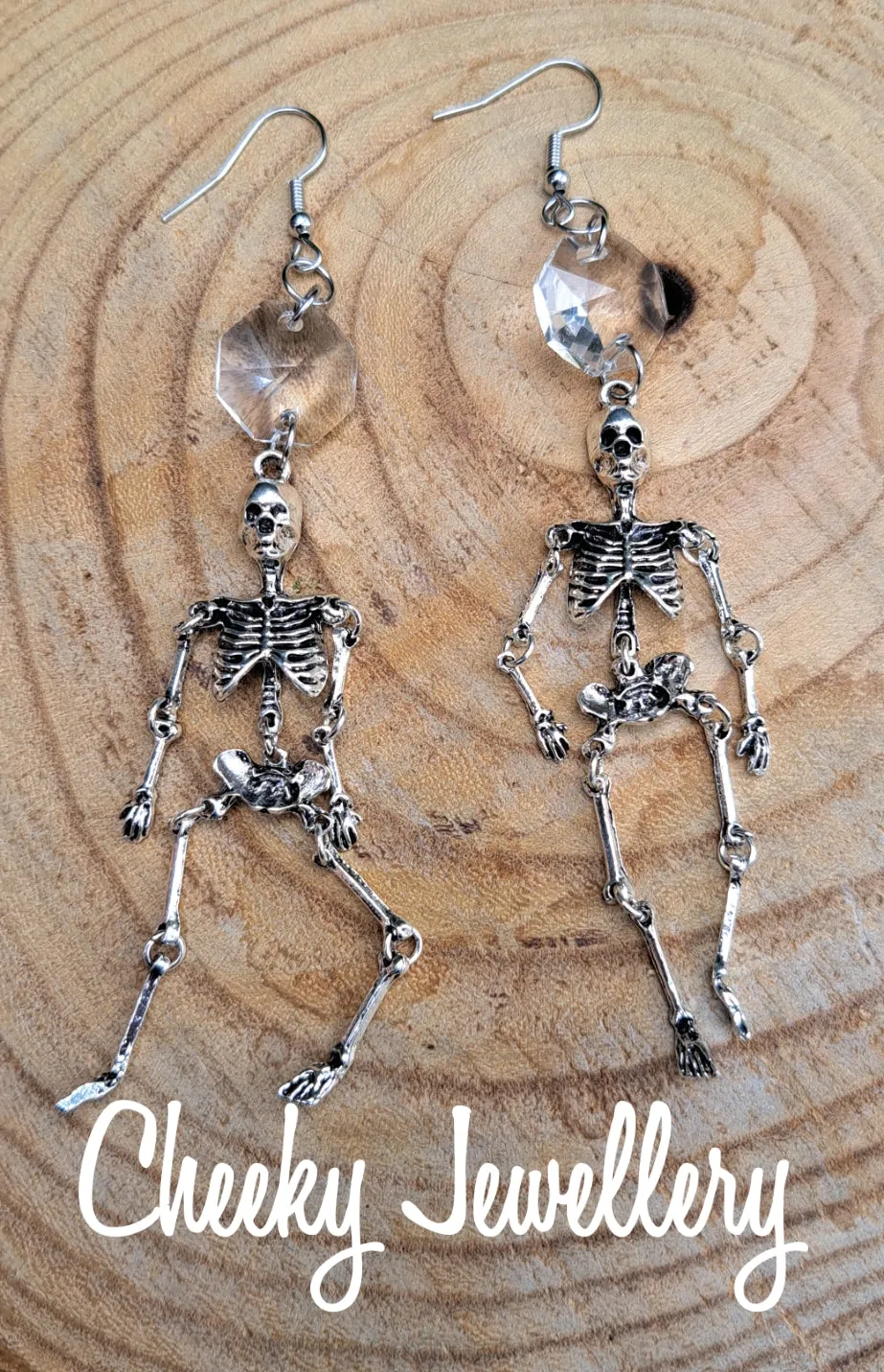 The coolest skeleton earrings antique silver and Ruby red AB crystal, Stainless steel earring hooks