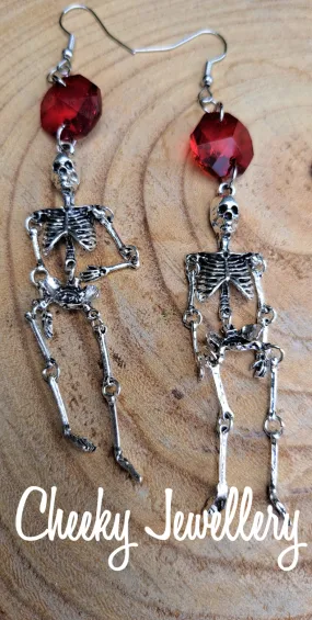 The coolest skeleton earrings antique silver and Ruby red AB crystal, Stainless steel earring hooks