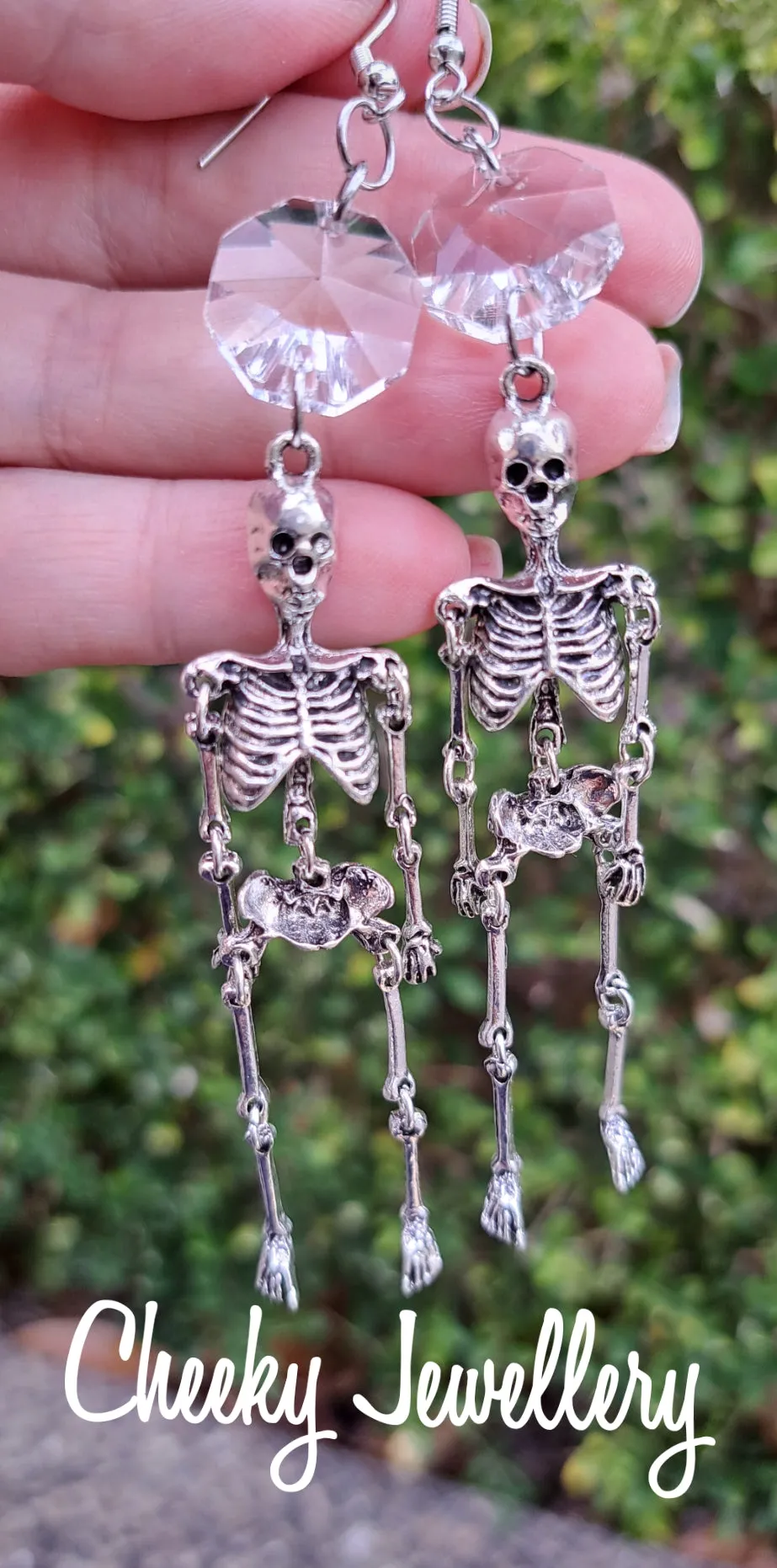 The coolest skeleton earrings antique silver and Ruby red AB crystal, Stainless steel earring hooks