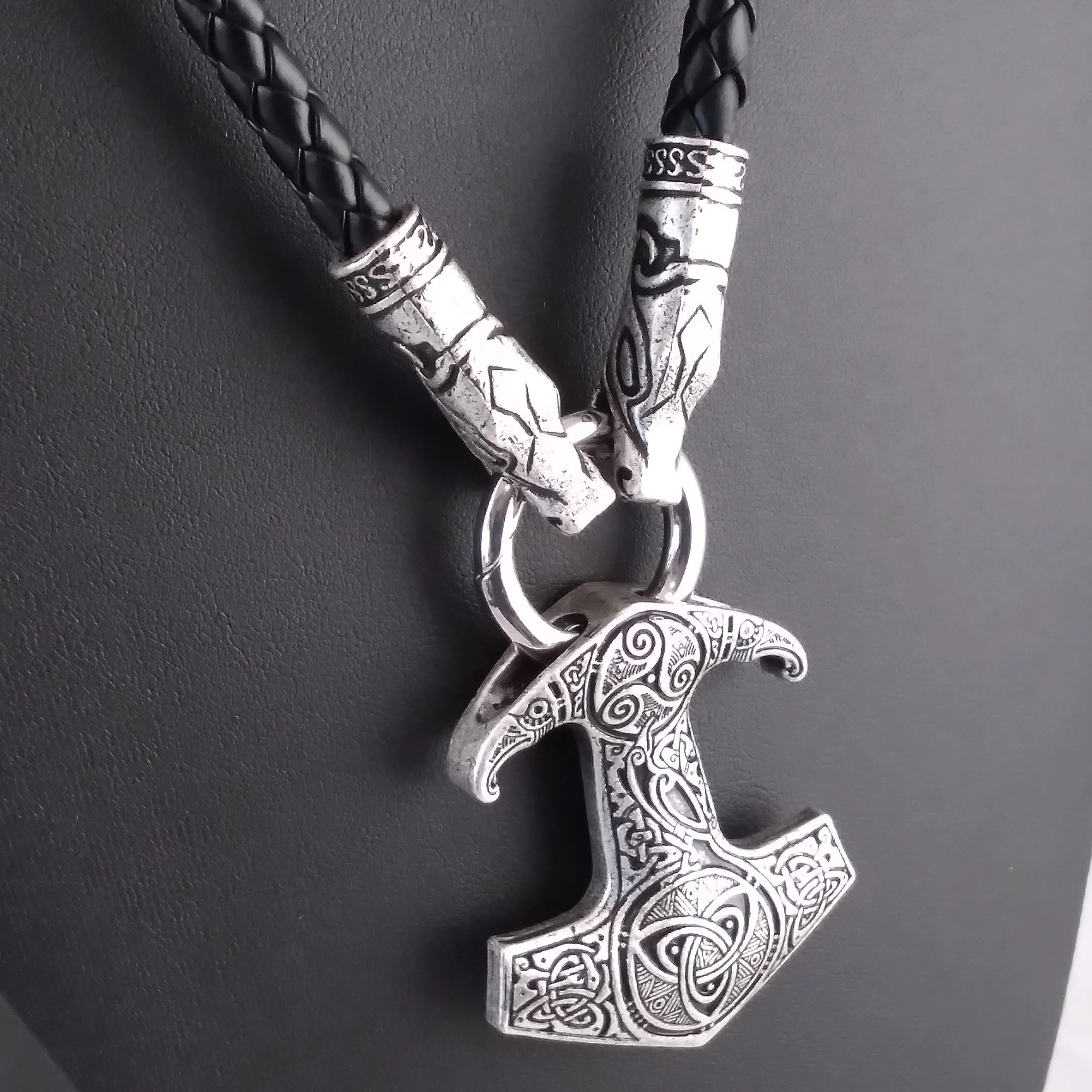 Thor's Hammer Necklace Silver Dragon Raven Black Leather Norse Viking Style