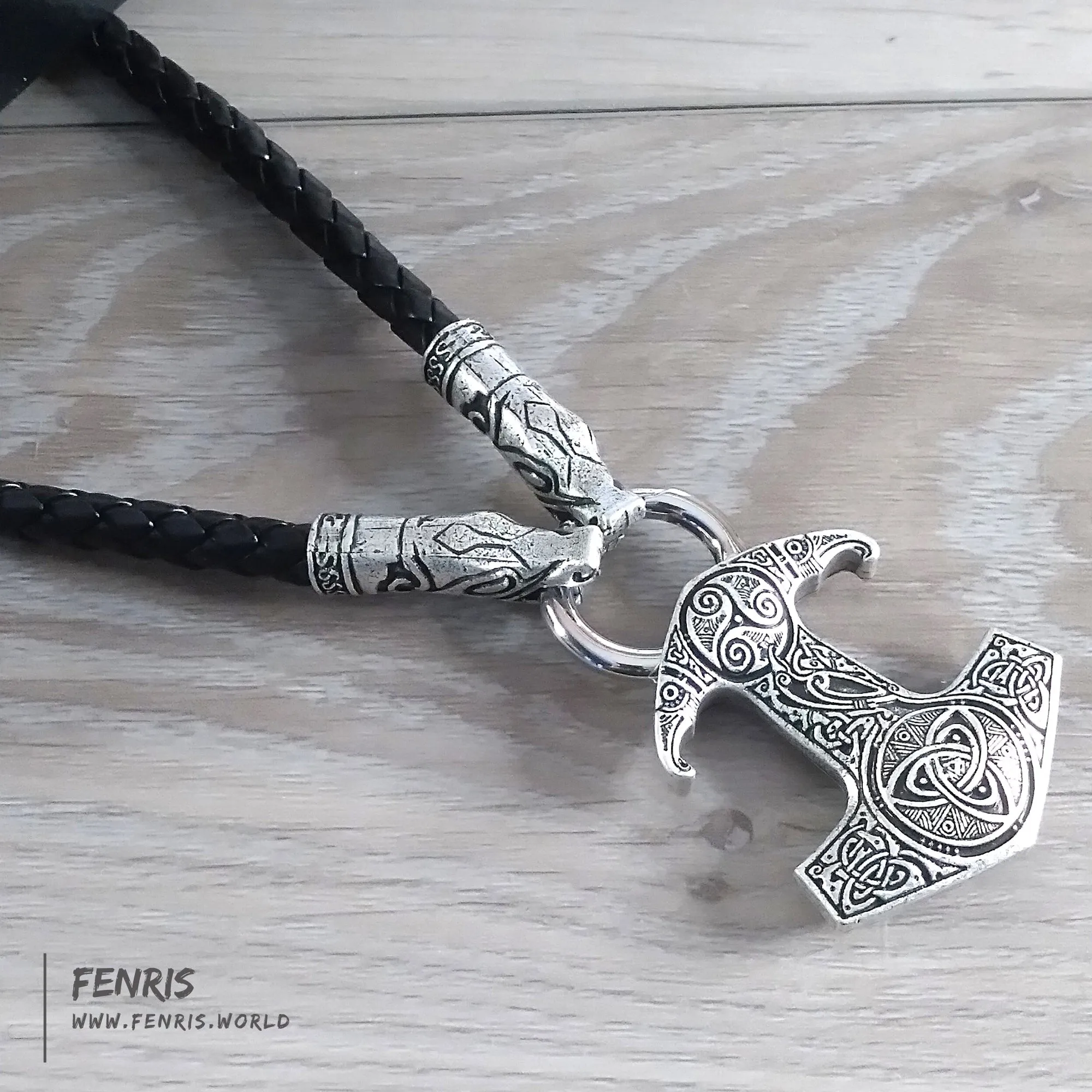 Thor's Hammer Necklace Silver Dragon Raven Black Leather Norse Viking Style