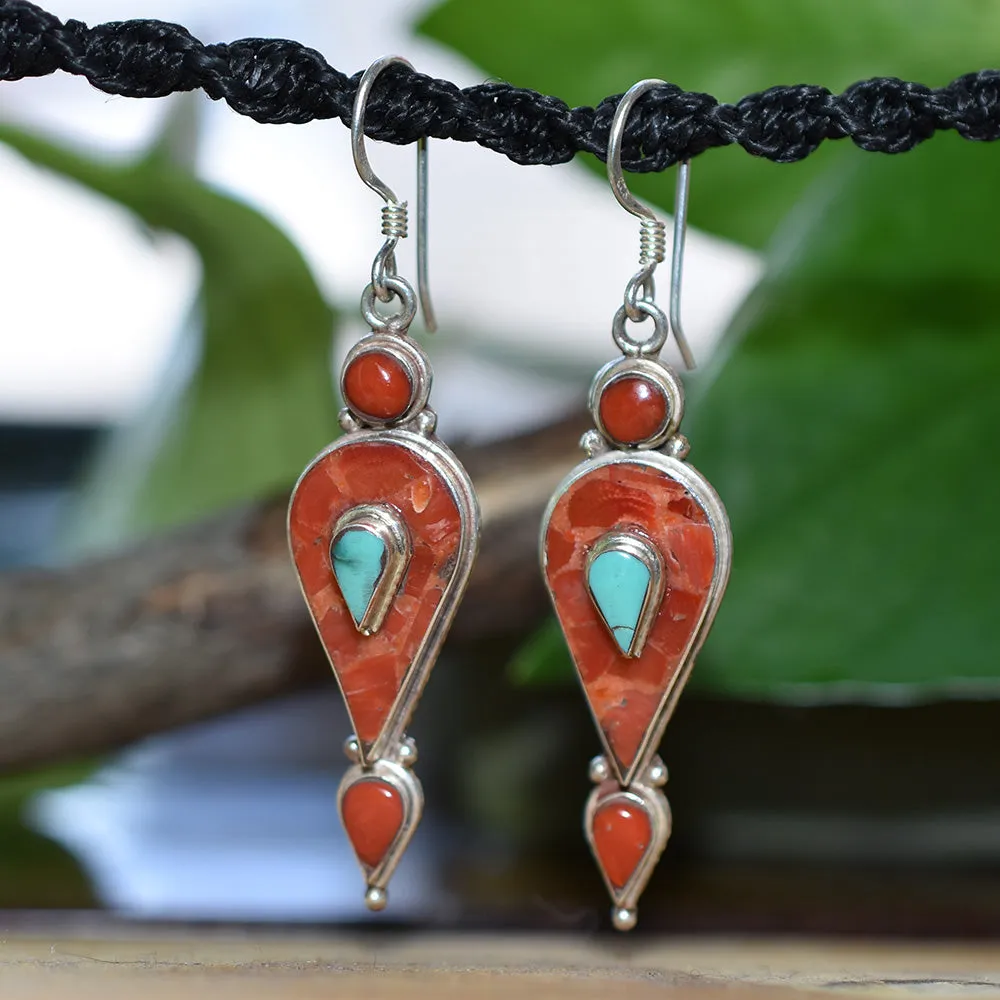 Tibetan Teardrop Earrings, coral