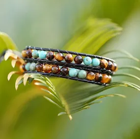 Tiger Eye and Aqua Jasper 2X or 3X Leather Wrap Bracelet