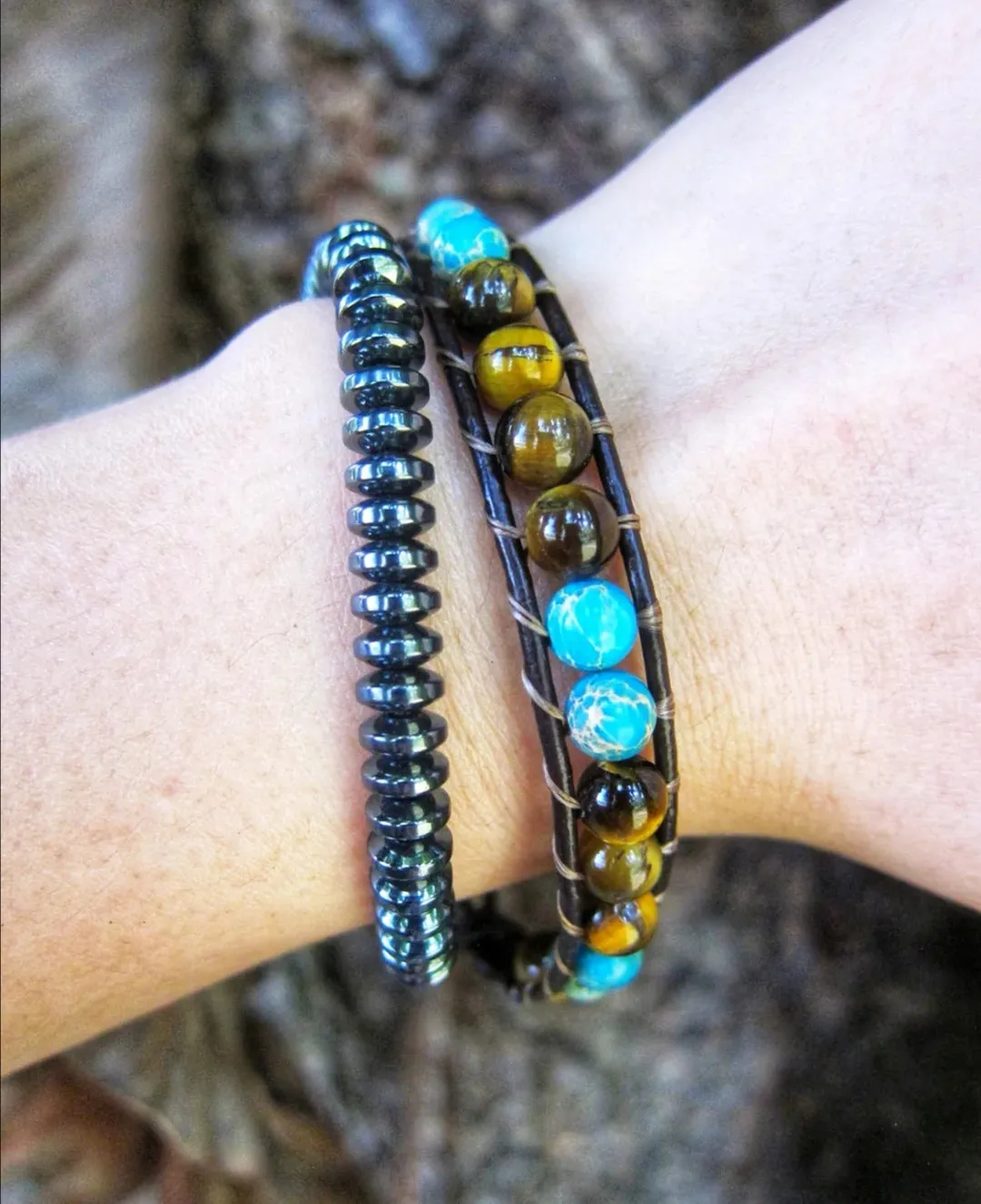 Tiger Eye and Aqua Jasper 2X or 3X Leather Wrap Bracelet