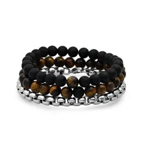 Tiger Eye Black Lava & Stainless Steel Box Chain Bracelet Stack