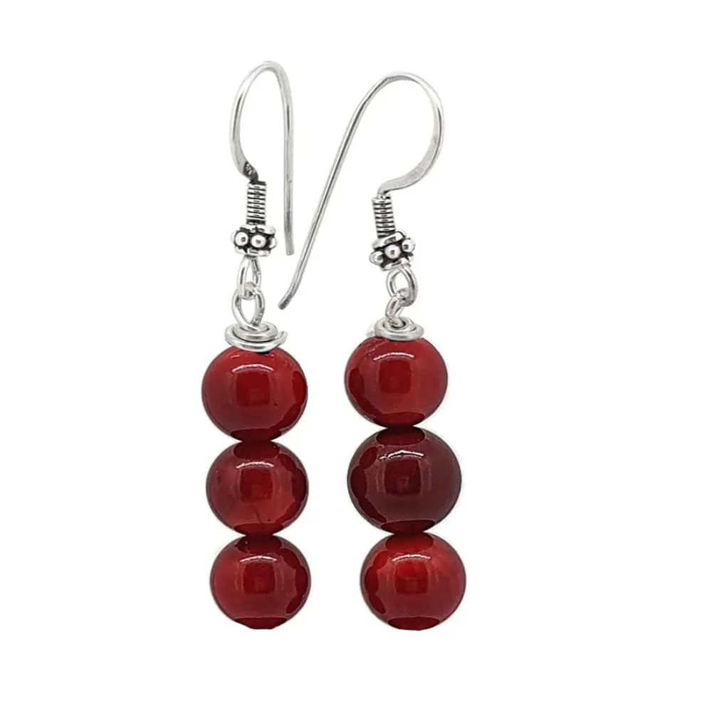 Triple Beaded Red Coral Dangle Drop Earrings for Women Girls