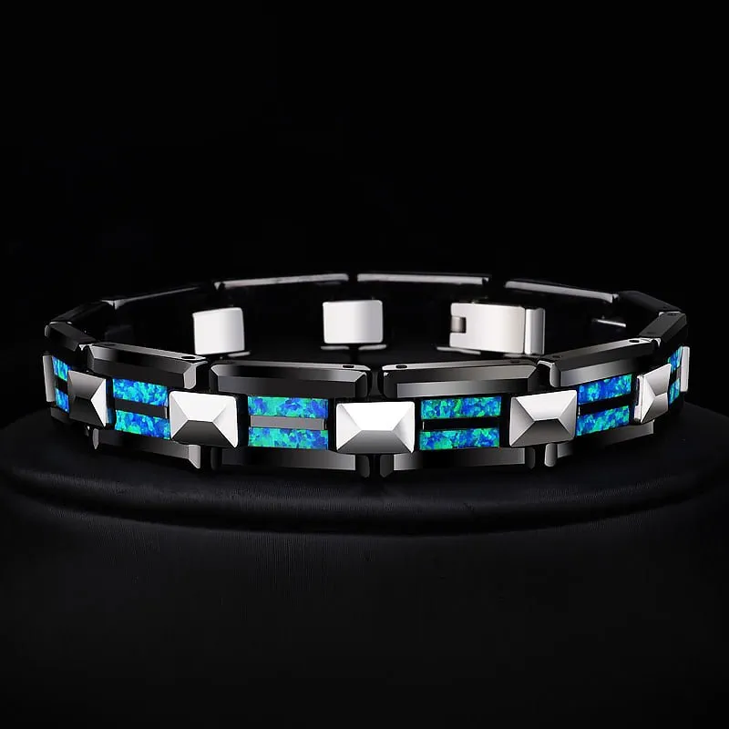 Tungsten Bracelet with Inlayed Opal & Black Ceramic