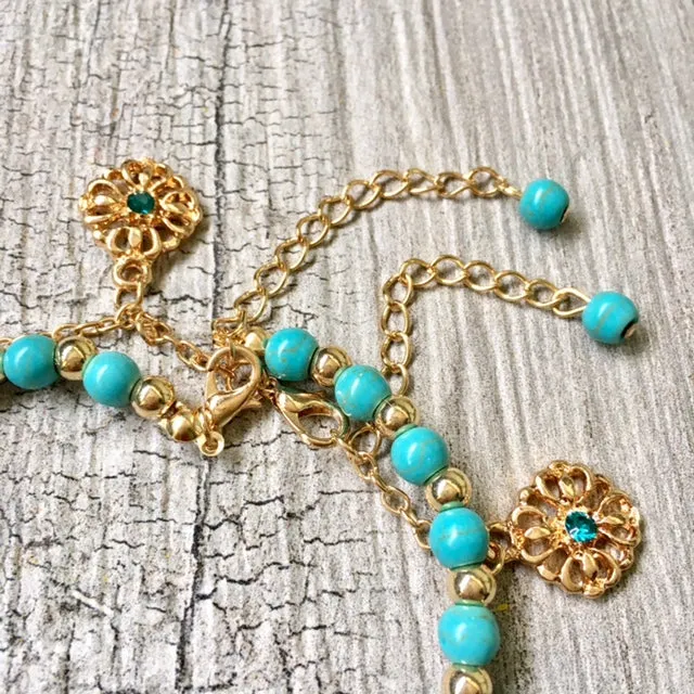 TURQUOISE BLUE BOHO INSPIRED GOLD PLATED 2 PIECE ANKLET / ANKLE BRACELET SET