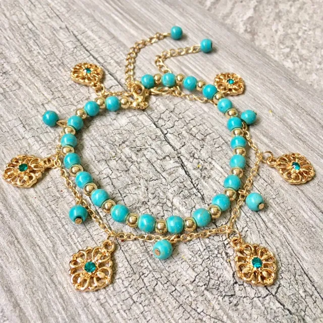 TURQUOISE BLUE BOHO INSPIRED GOLD PLATED 2 PIECE ANKLET / ANKLE BRACELET SET