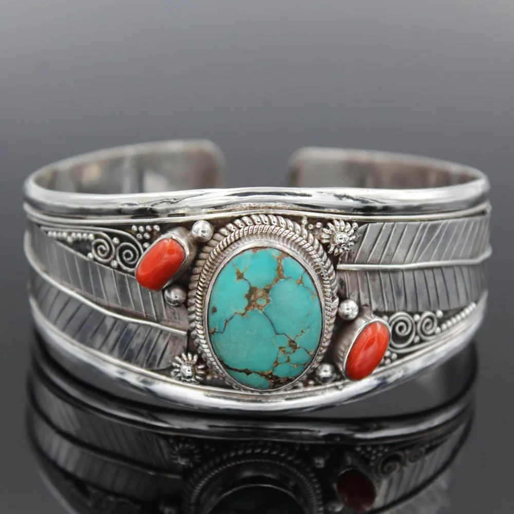 Turquoise Cuff Bracelets In Five Different Styles Silver Tone Choose Leaves Coral Cross One Two Or Three Stones Natural Stone Bohemian Southwestern Indian Jewelry