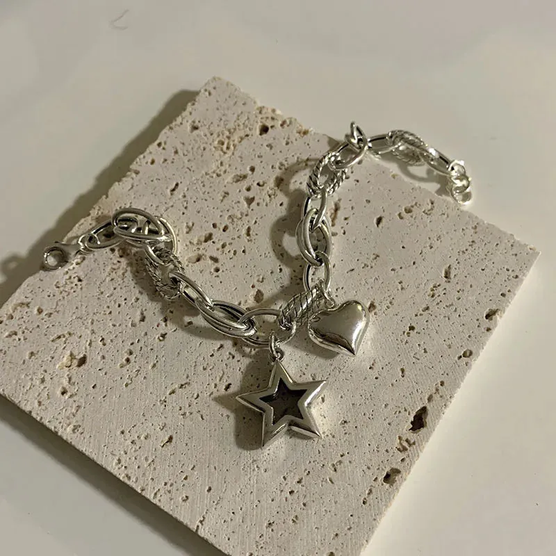 VAIGE Silver Vintage Love Heart & Star Charm Cuff Bracelet