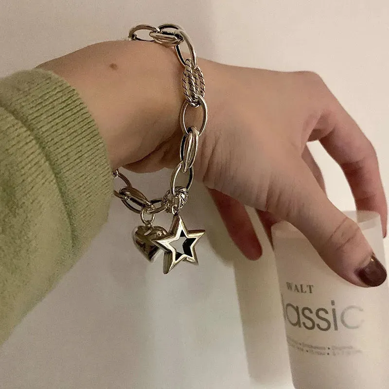 VAIGE Silver Vintage Love Heart & Star Charm Cuff Bracelet