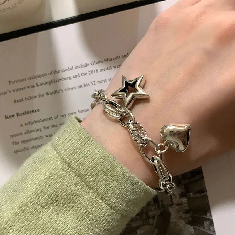 VAIGE Silver Vintage Love Heart & Star Charm Cuff Bracelet