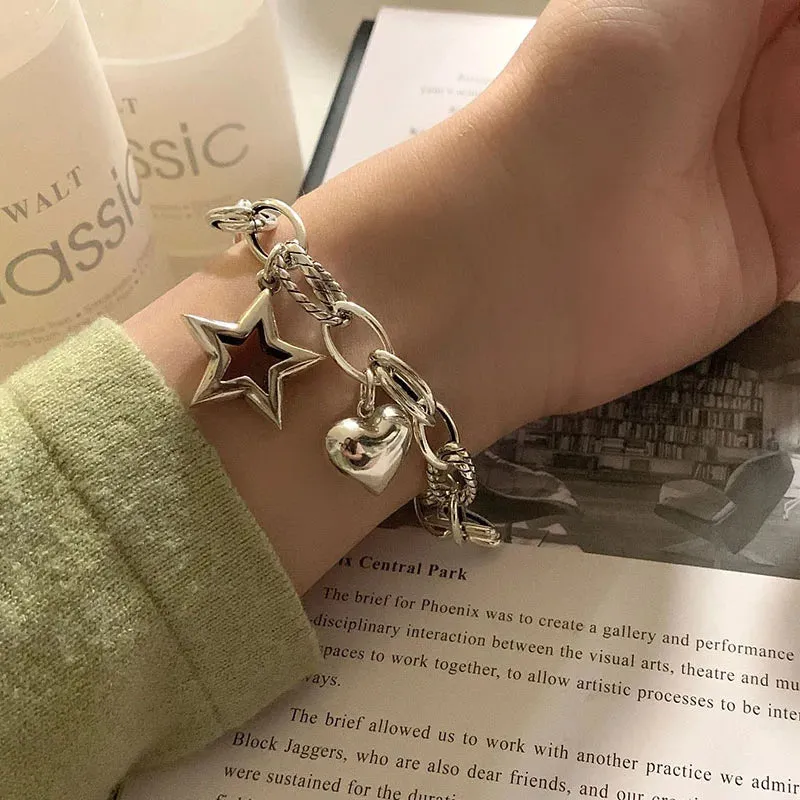 VAIGE Silver Vintage Love Heart & Star Charm Cuff Bracelet