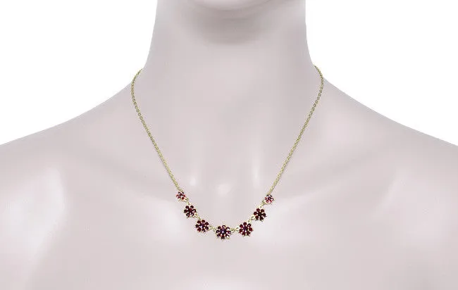 Victorian Bohemian Garnet Floral Necklace in Yellow Gold Vermeil Over Sterling Silver