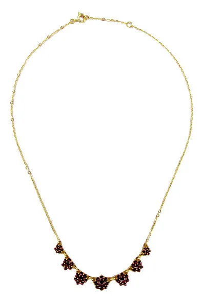 Victorian Bohemian Garnet Floral Necklace in Yellow Gold Vermeil Over Sterling Silver