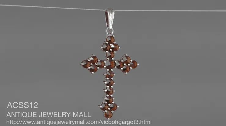 Victorian Bohemian Garnet Gothic Cross Pendant in Antiqued Sterling Silver