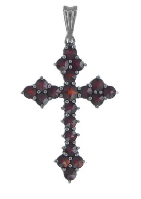 Victorian Bohemian Garnet Gothic Cross Pendant in Antiqued Sterling Silver