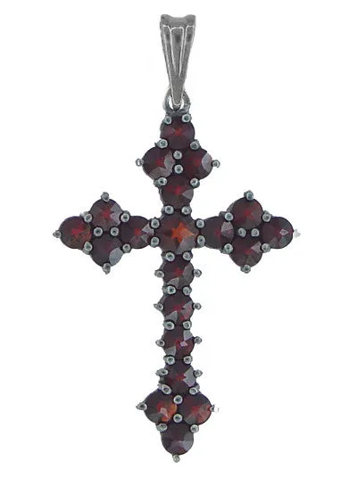 Victorian Bohemian Garnet Gothic Cross Pendant in Antiqued Sterling Silver