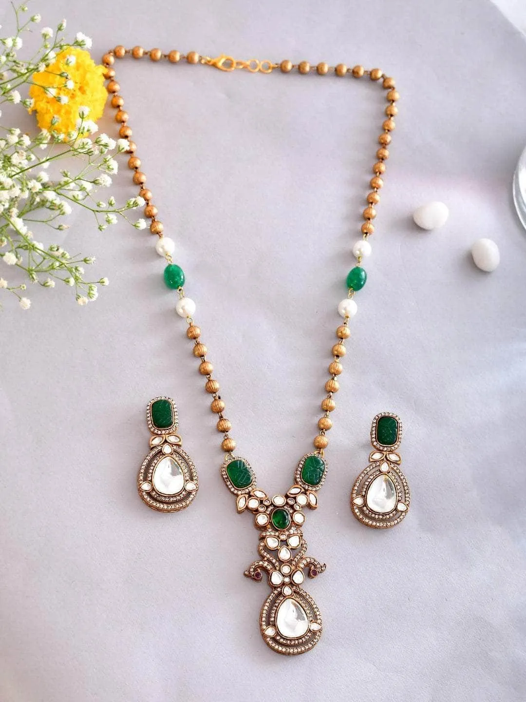 Victorian Long Polki Necklace Set Green