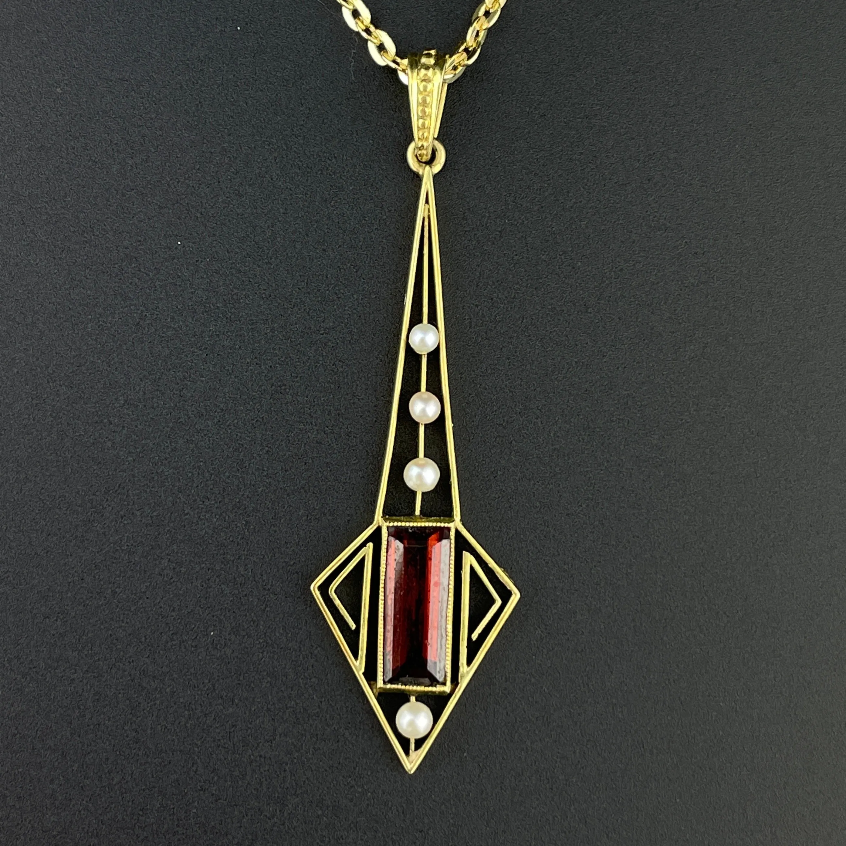 Vintage 10K Gold Art Deco Garnet Seed Pearl Pendant Necklace