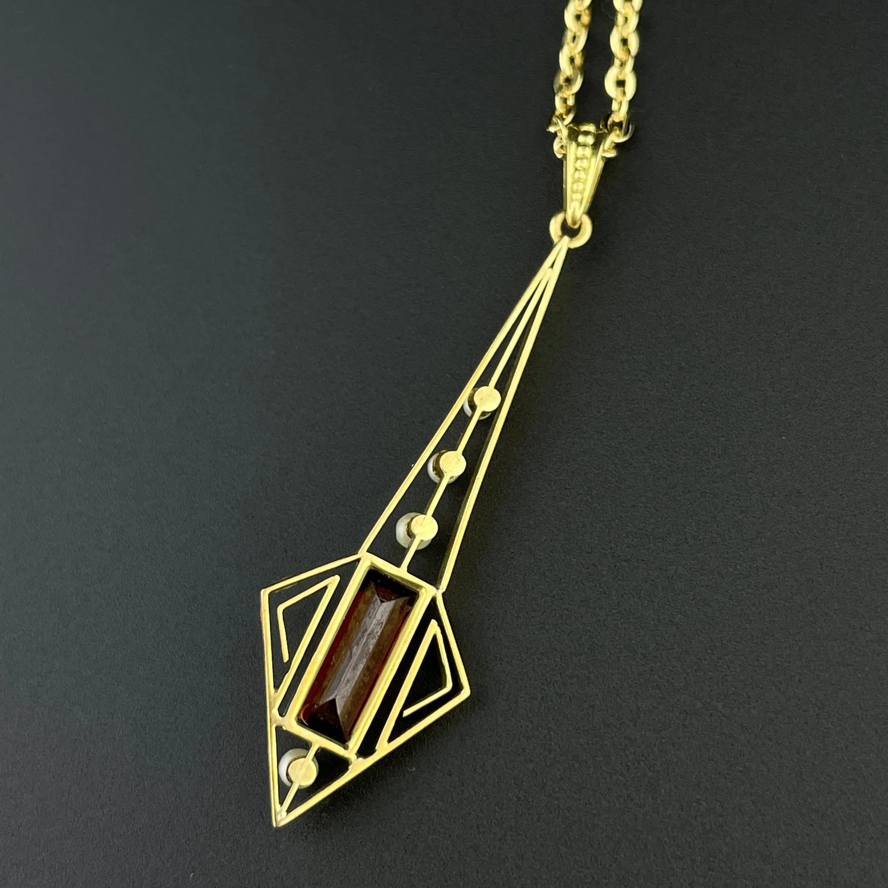 Vintage 10K Gold Art Deco Garnet Seed Pearl Pendant Necklace