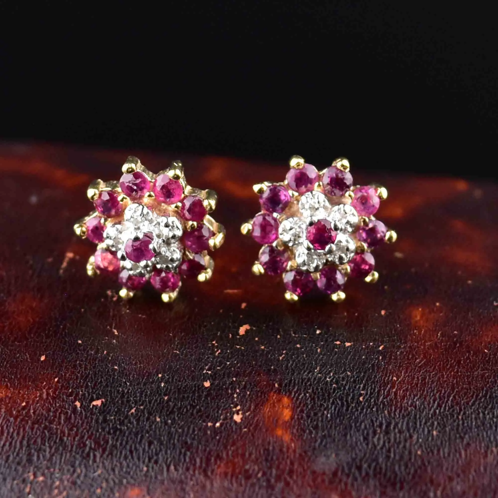 Vintage 10K Gold Diamond Ruby Cluster Stud Earrings