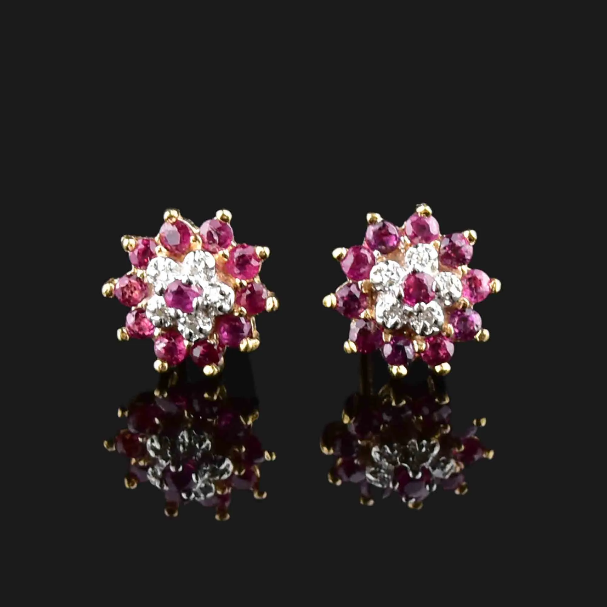 Vintage 10K Gold Diamond Ruby Cluster Stud Earrings