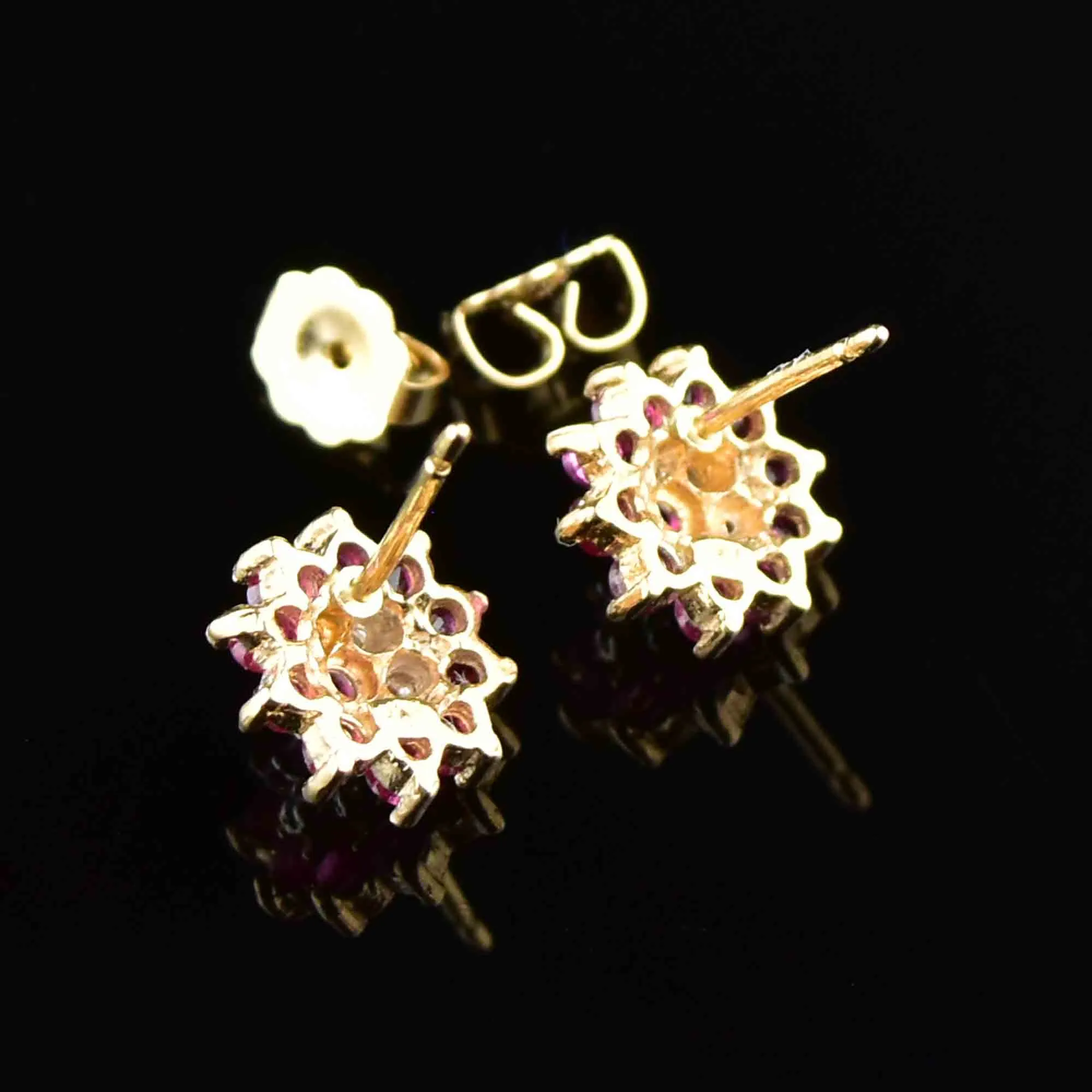 Vintage 10K Gold Diamond Ruby Cluster Stud Earrings