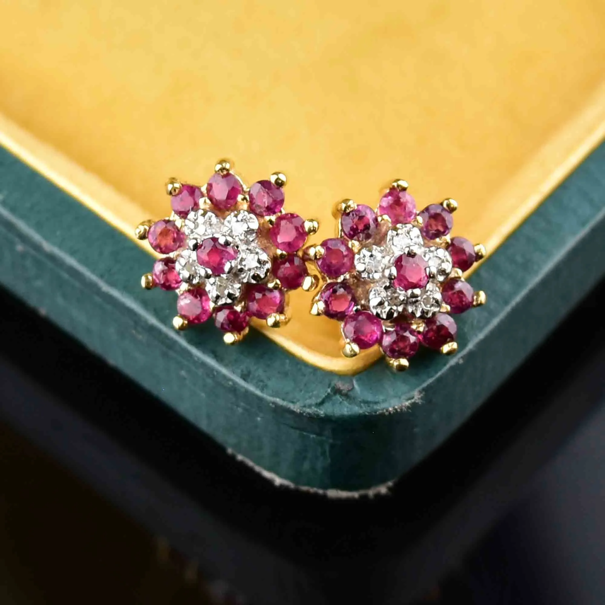 Vintage 10K Gold Diamond Ruby Cluster Stud Earrings