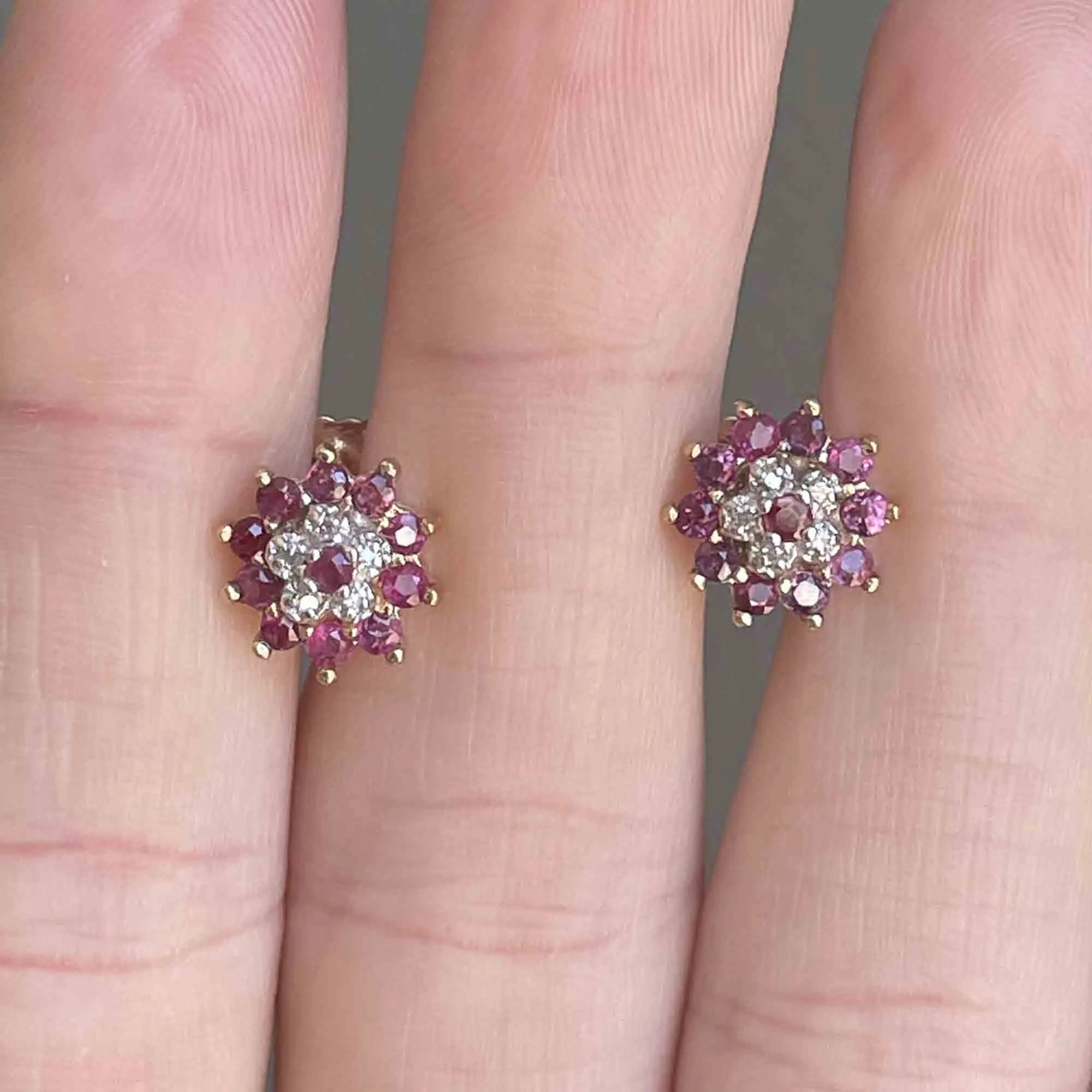 Vintage 10K Gold Diamond Ruby Cluster Stud Earrings