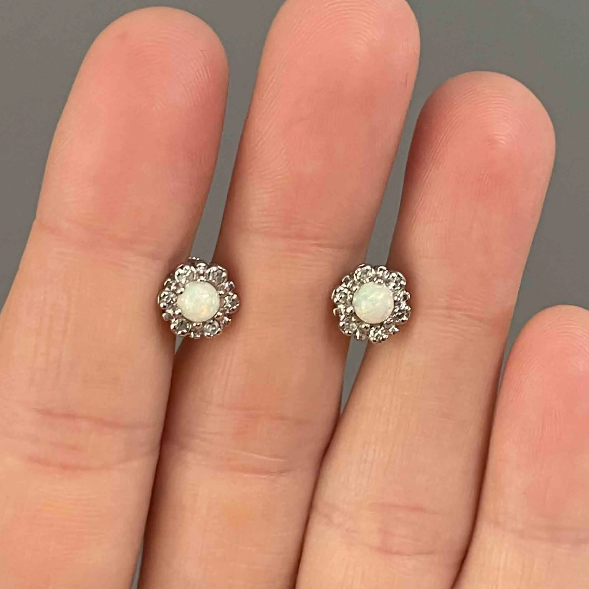 Vintage 14K White Gold Diamond Halo Opal Stud Earrings