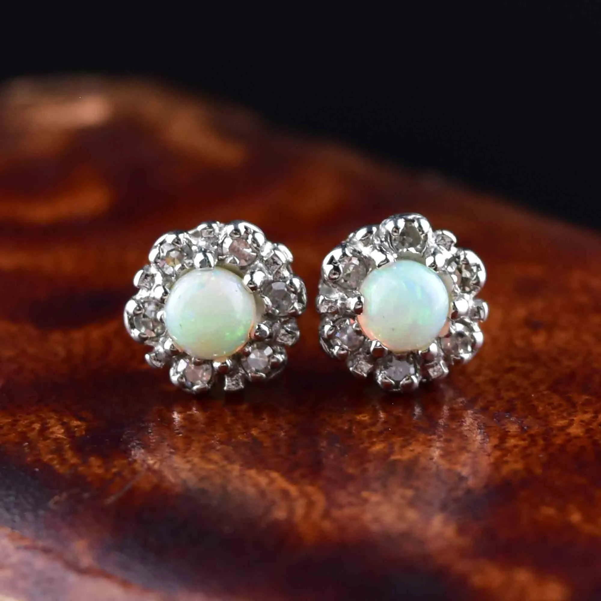 Vintage 14K White Gold Diamond Halo Opal Stud Earrings