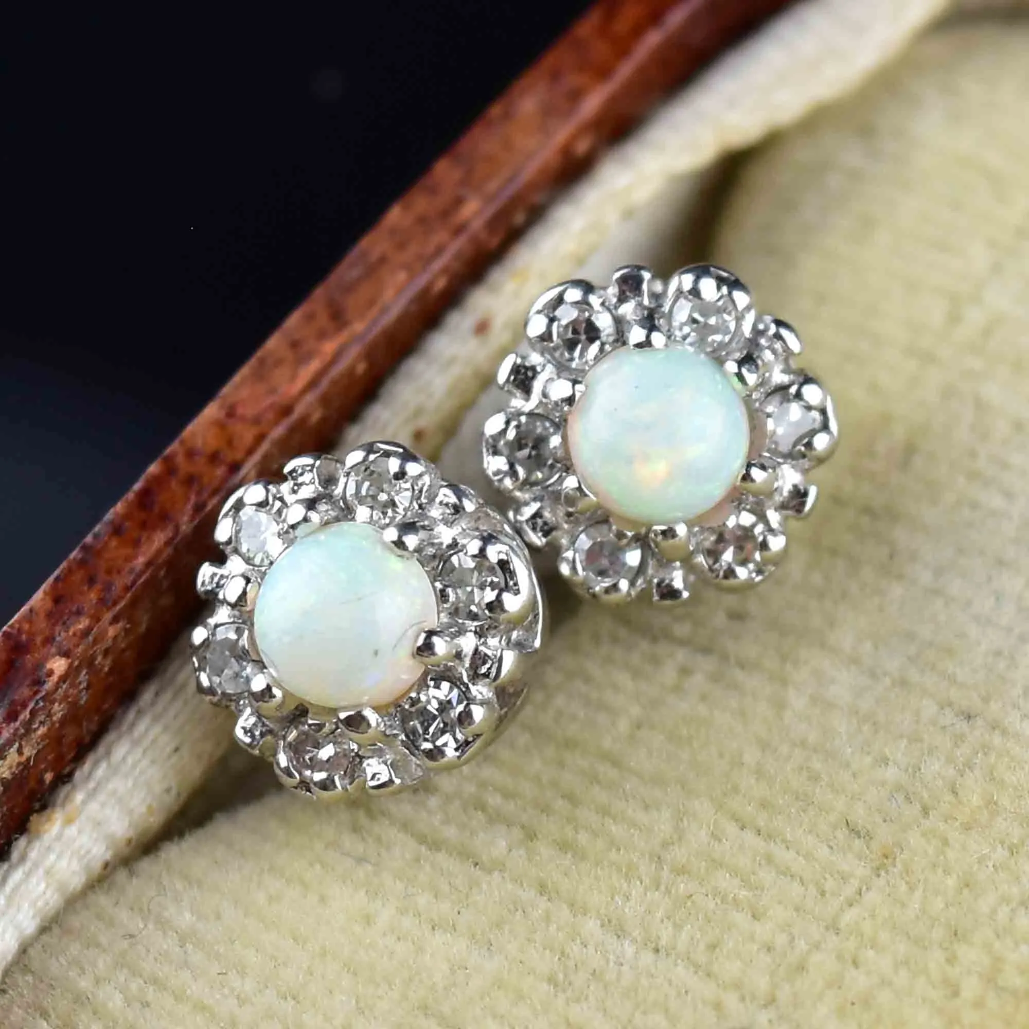 Vintage 14K White Gold Diamond Halo Opal Stud Earrings