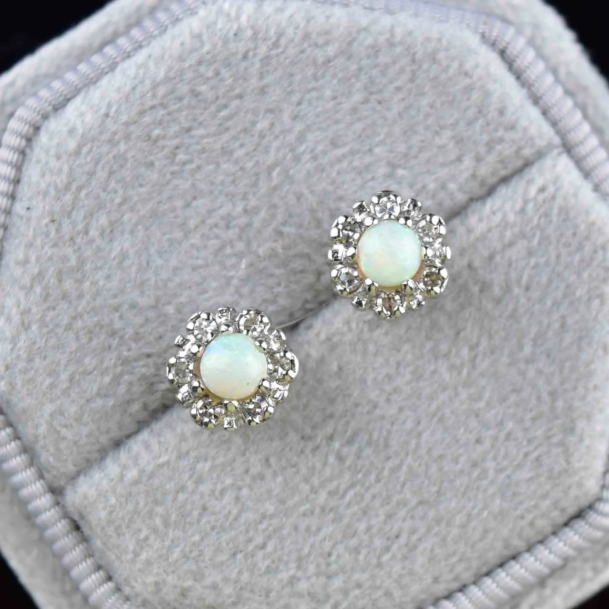 Vintage 14K White Gold Diamond Halo Opal Stud Earrings