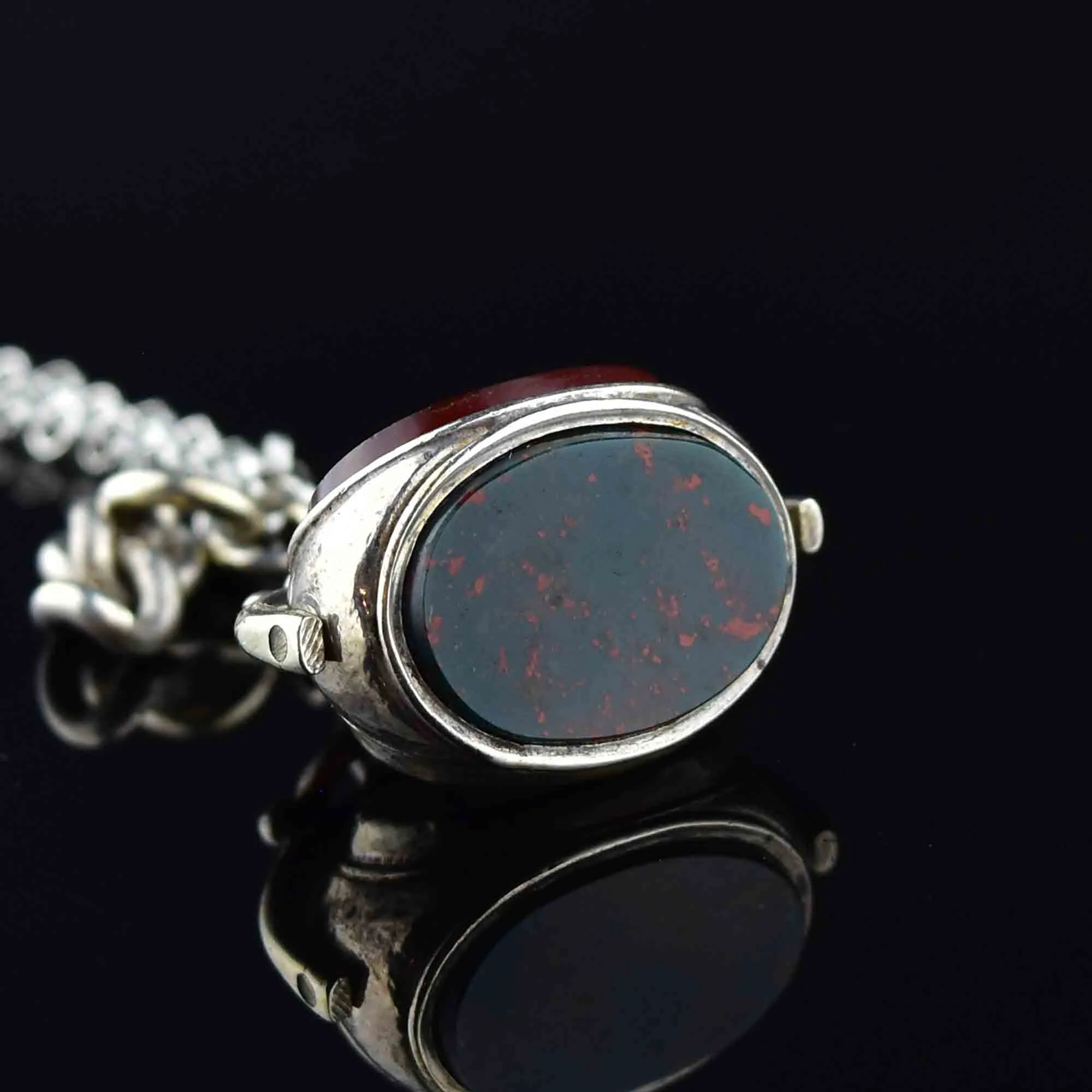 Vintage Silver Bloodstone Carnelian Swivel Fob Pendant Necklace