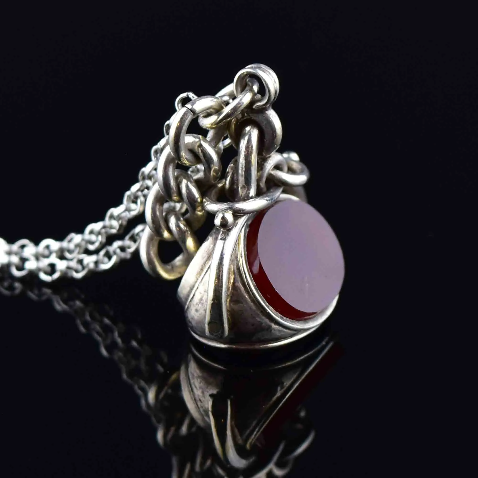 Vintage Silver Bloodstone Carnelian Swivel Fob Pendant Necklace