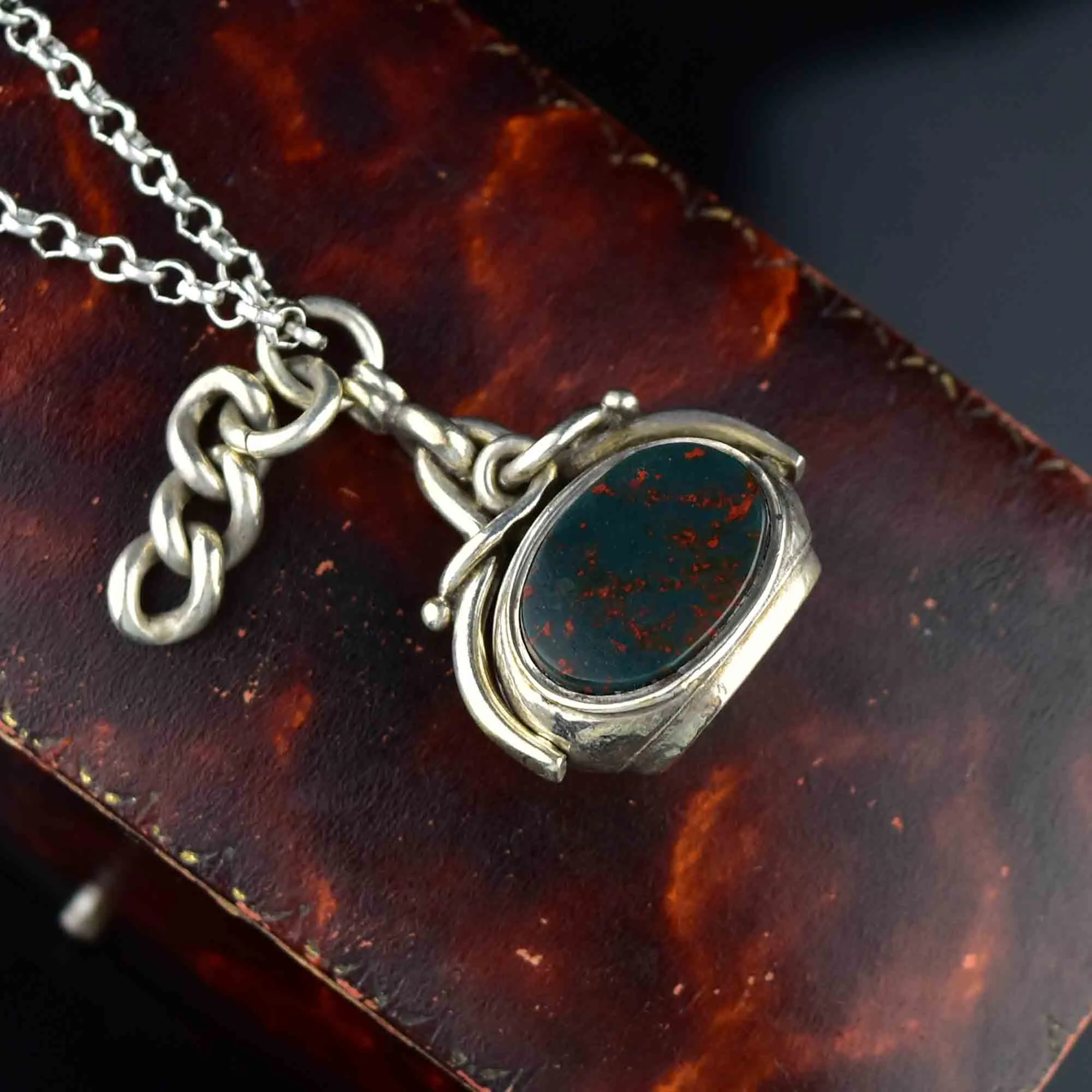 Vintage Silver Bloodstone Carnelian Swivel Fob Pendant Necklace