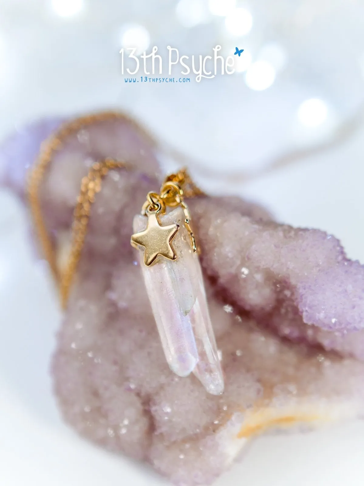 White raw quartz crystal point pendant necklace with golden stars