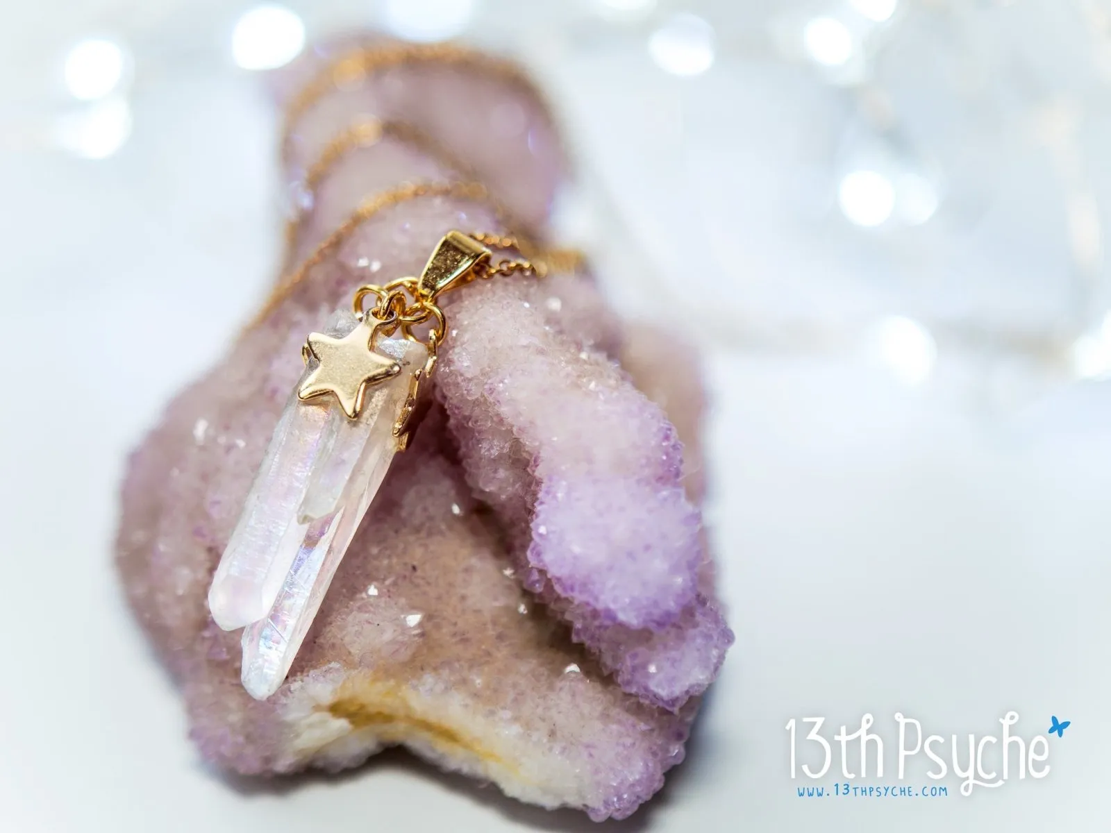 White raw quartz crystal point pendant necklace with golden stars