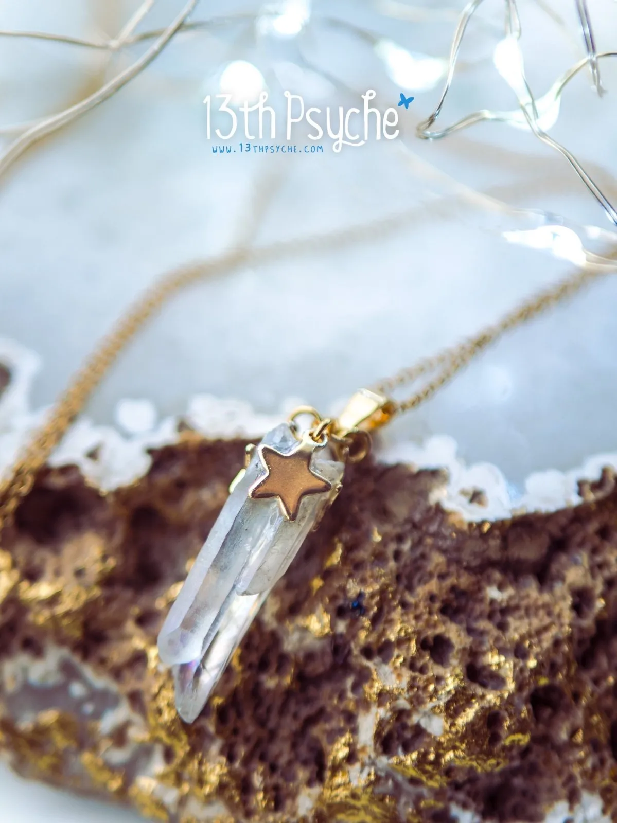 White raw quartz crystal point pendant necklace with golden stars