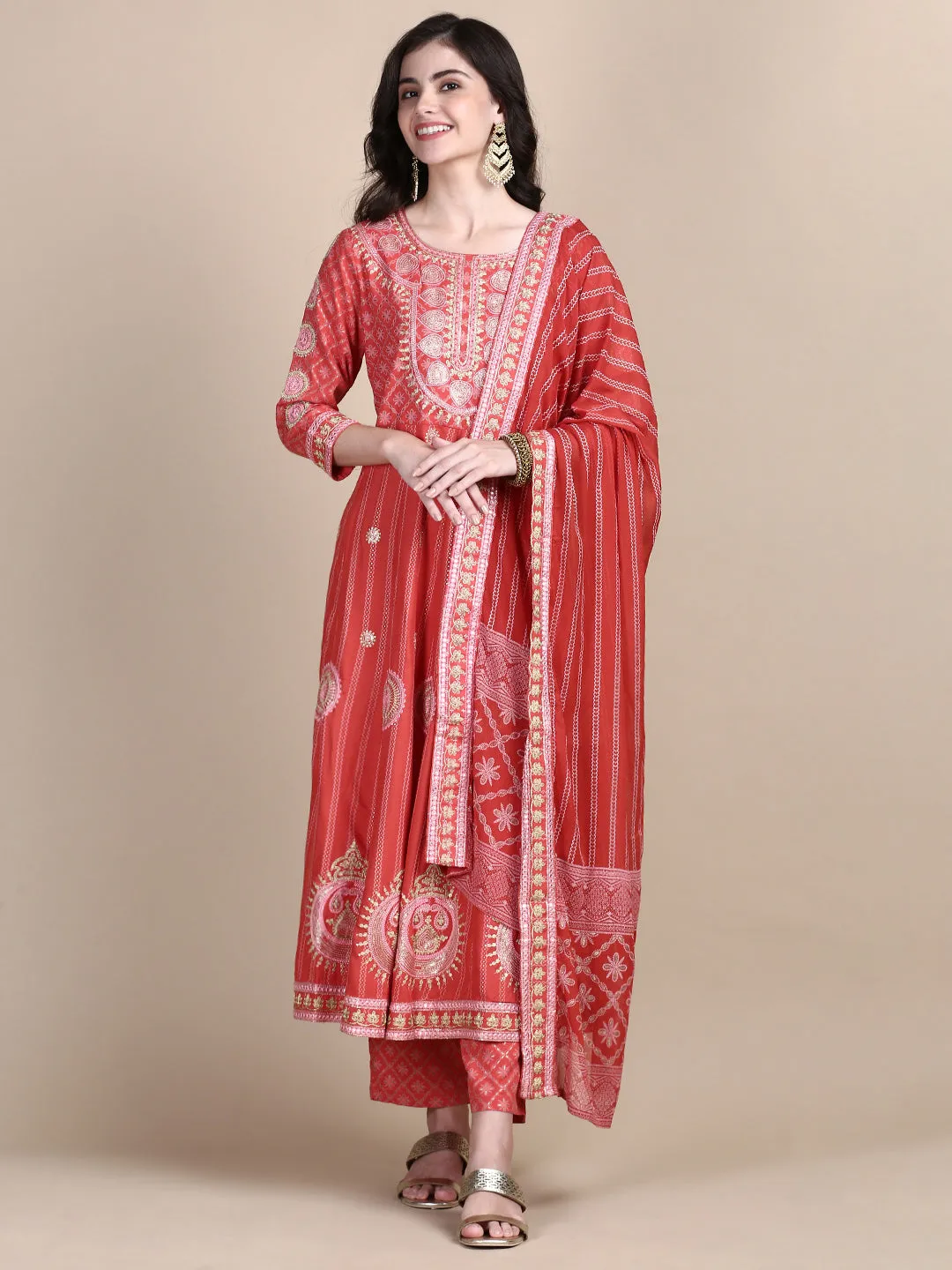 Women Ethnic Motifs Coral Anarkali Kurta Set with Dupatta and Potli Bag