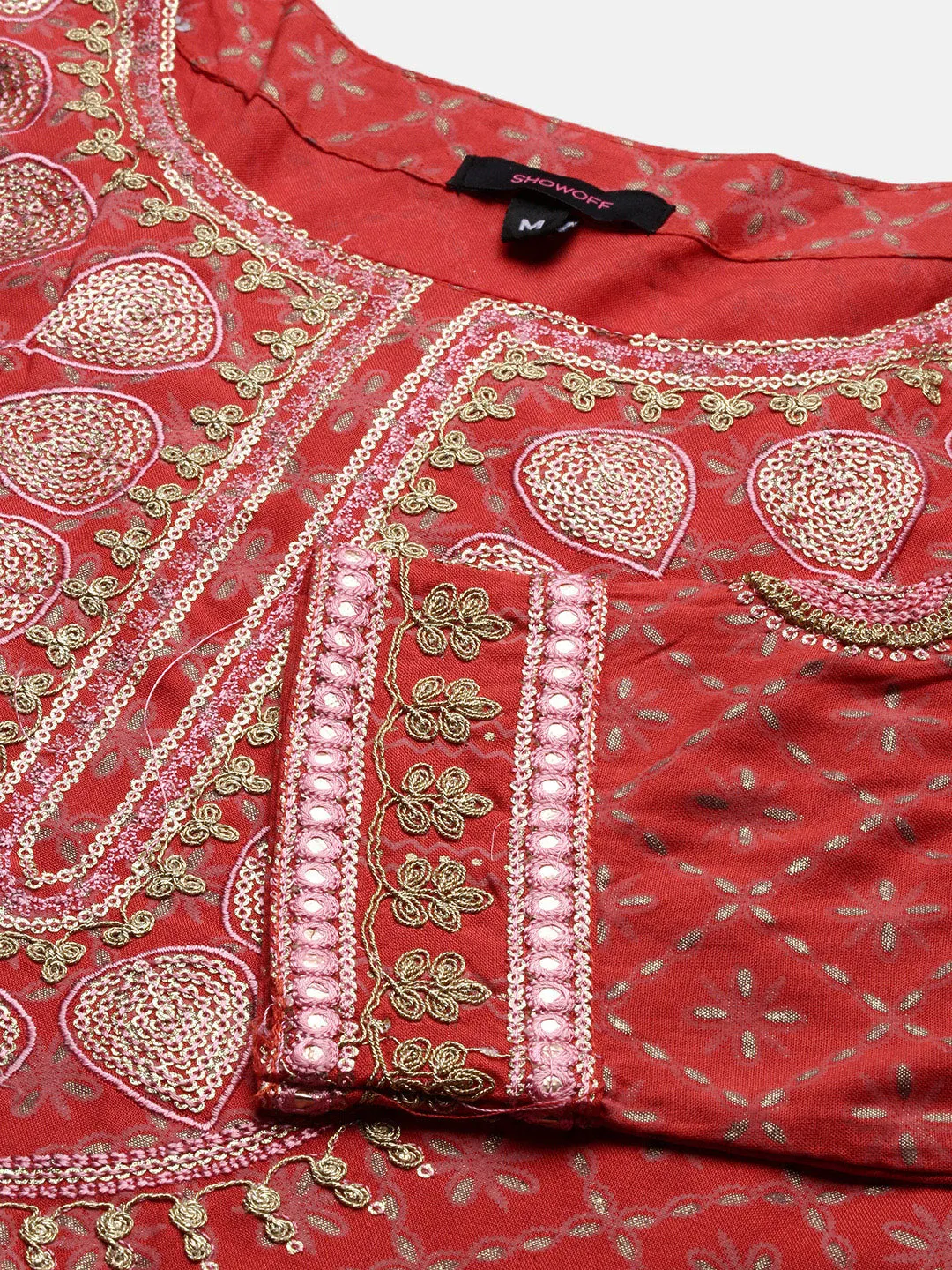 Women Ethnic Motifs Coral Anarkali Kurta Set with Dupatta and Potli Bag